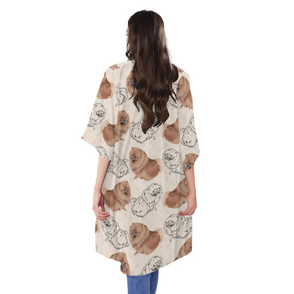 Cute Pomeranian Pattern Print Open Front Beach Cover Up
