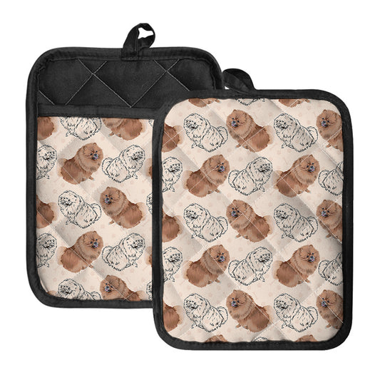 Cute Pomeranian Pattern Print Pot Holders With Pocket