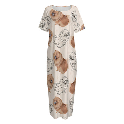 Cute Pomeranian Pattern Print Short Sleeve Long Nightdress