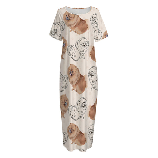 Cute Pomeranian Pattern Print Short Sleeve Long Nightdress
