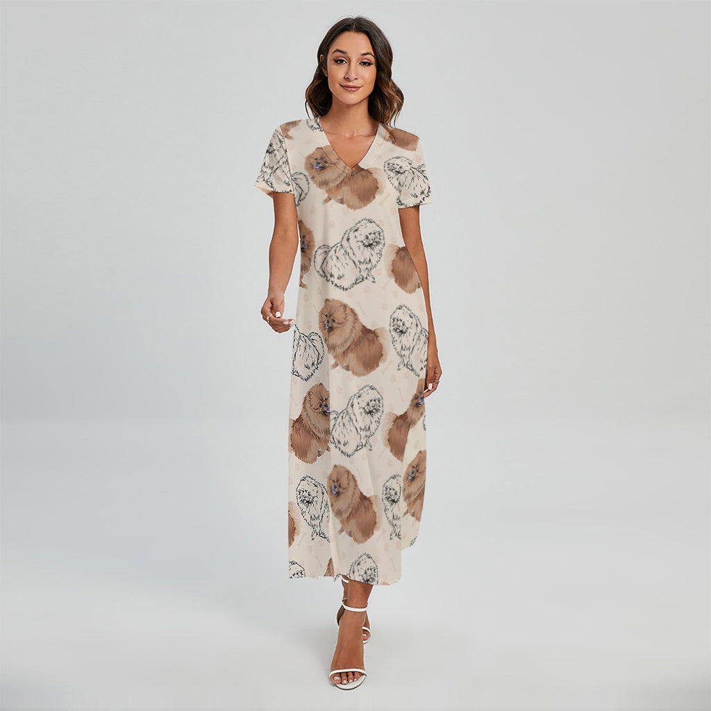 Cute Pomeranian Pattern Print Short Sleeve Maxi Dress