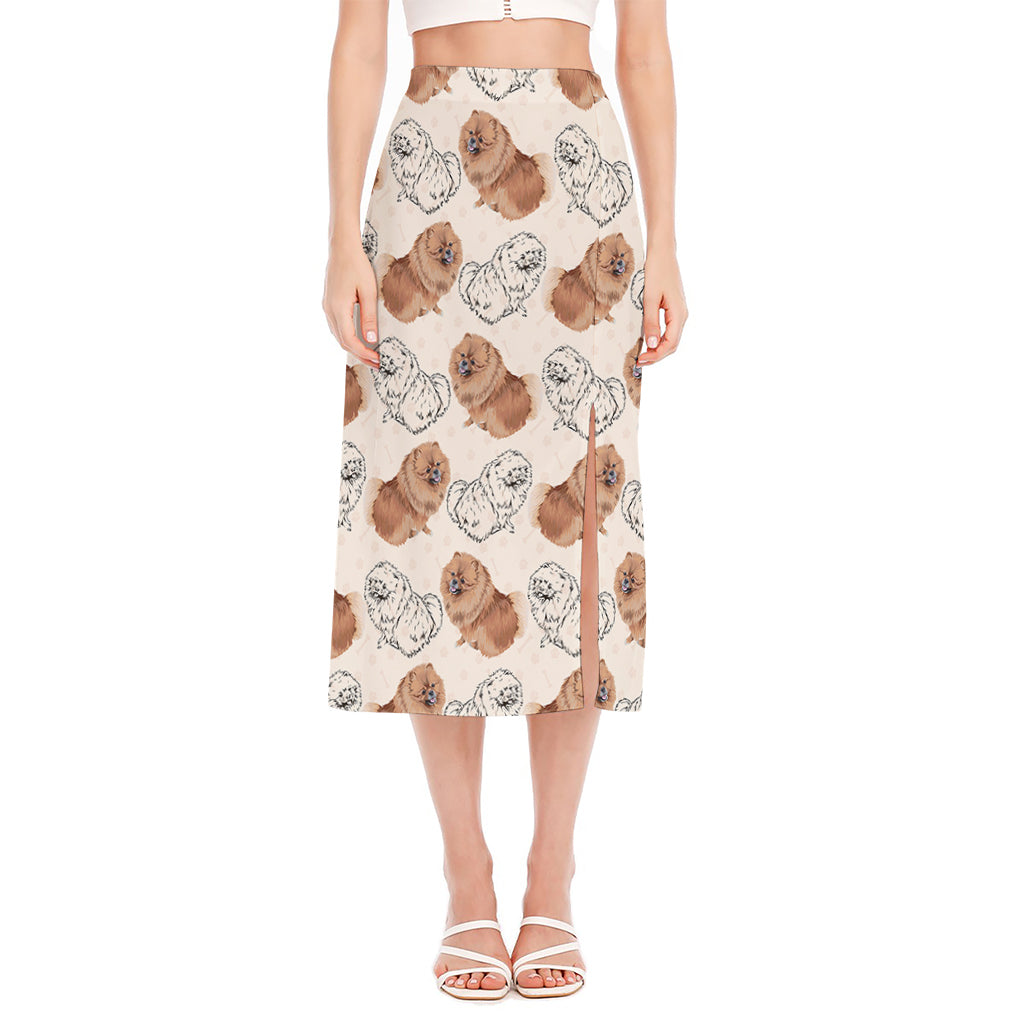 Cute Pomeranian Pattern Print Side Slit Midi Skirt