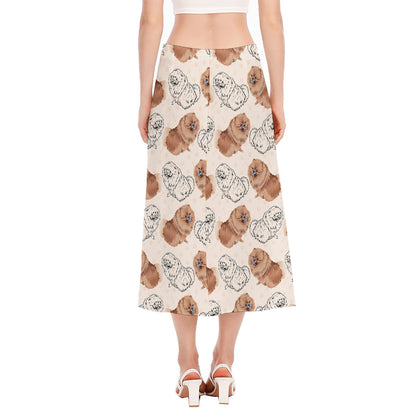 Cute Pomeranian Pattern Print Side Slit Midi Skirt
