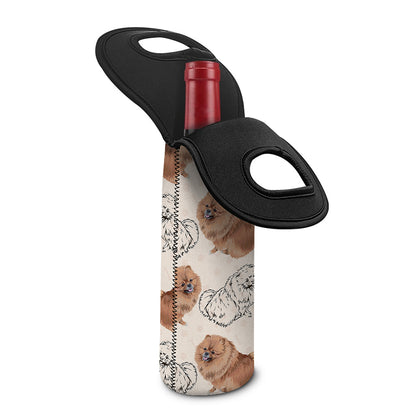 Cute Pomeranian Pattern Print Single Neoprene Wine Tote