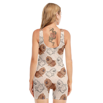 Cute Pomeranian Pattern Print Sleeveless One Piece Swimsuit