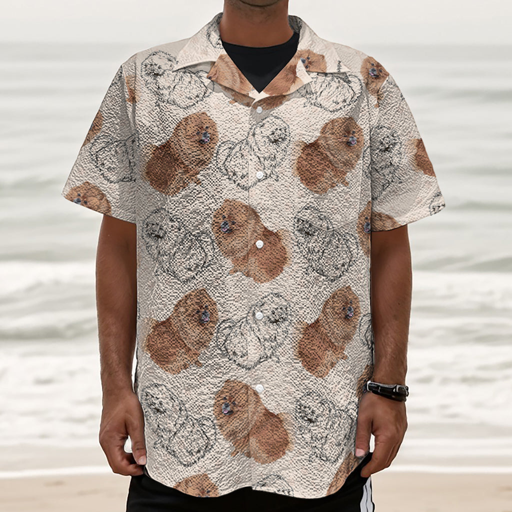 Cute Pomeranian Pattern Print Textured Short Sleeve Shirt