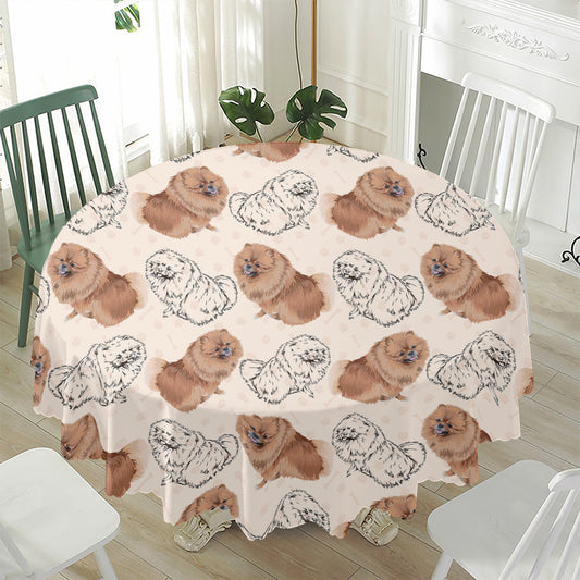 Cute Pomeranian Pattern Print Waterproof Round Tablecloth