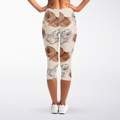 Cute Pomeranian Pattern Print Women's Capri Leggings