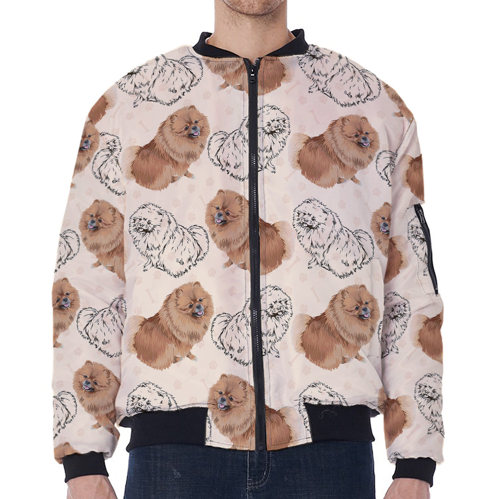 Cute Pomeranian Pattern Print Zip Sleeve Bomber Jacket