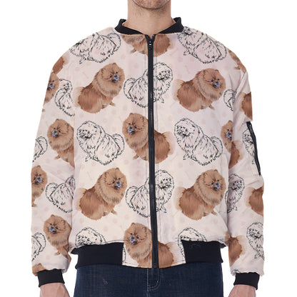 Cute Pomeranian Pattern Print Zip Sleeve Bomber Jacket