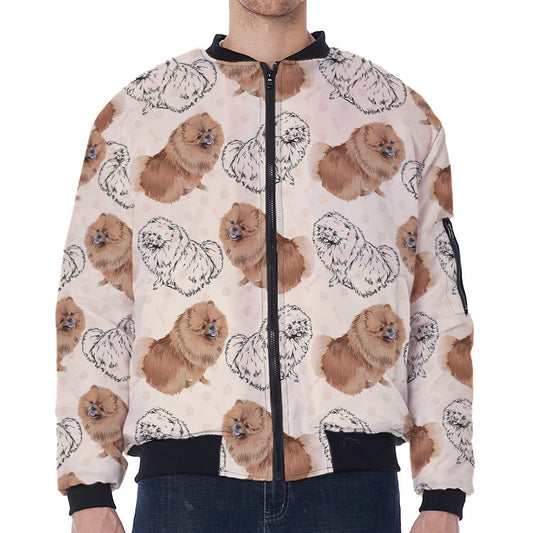 Cute Pomeranian Pattern Print Zip Sleeve Bomber Jacket