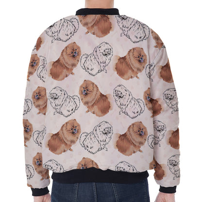 Cute Pomeranian Pattern Print Zip Sleeve Bomber Jacket