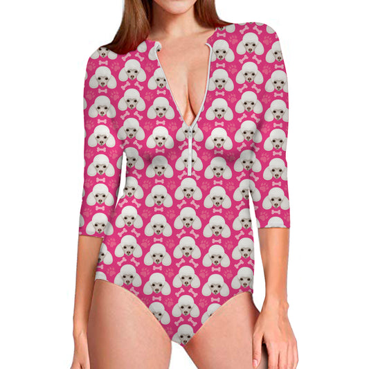 Cute Poodle Pattern Print Long Sleeve Swimsuit