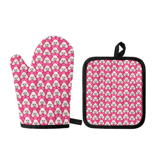 Cute Poodle Pattern Print Oven Mitt And Pot Holder Set