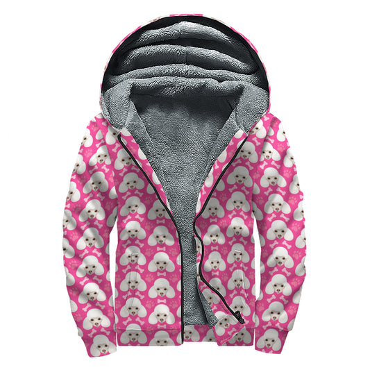 Cute Poodle Pattern Print Sherpa Lined Zip Up Hoodie