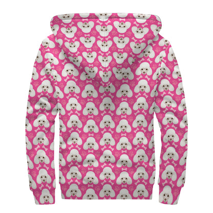 Cute Poodle Pattern Print Sherpa Lined Zip Up Hoodie