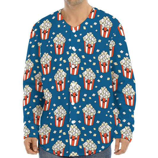 Cute Popcorn Box Pattern Print Long Sleeve Baseball Jersey