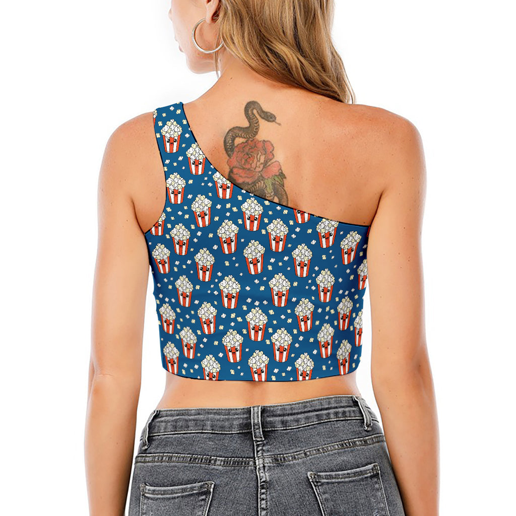 Cute Popcorn Box Pattern Print One Shoulder Crop Top