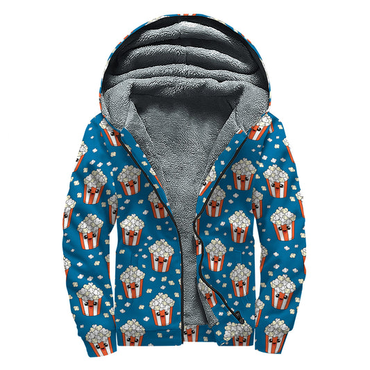 Cute Popcorn Box Pattern Print Sherpa Lined Zip Up Hoodie