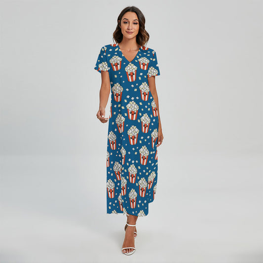 Cute Popcorn Box Pattern Print Short Sleeve Maxi Dress