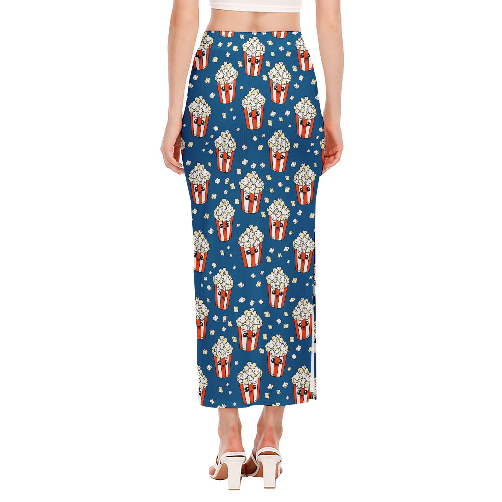 Cute Popcorn Box Pattern Print Side Slit Maxi Skirt