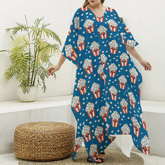 Cute Popcorn Box Pattern Print Silk V-Neck Kaftan Dress