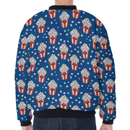 Cute Popcorn Box Pattern Print Zip Sleeve Bomber Jacket