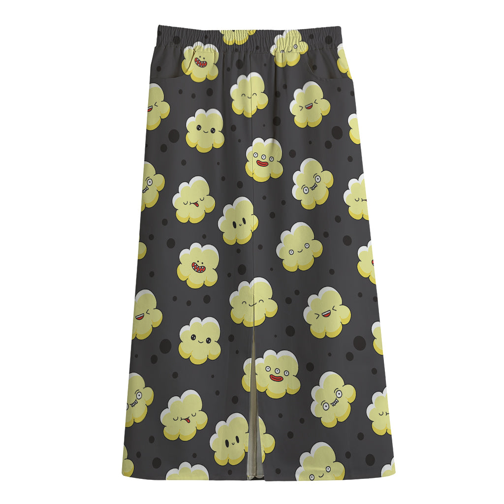 Cute Popcorn Pattern Print Cotton Front Slit Maxi Skirt