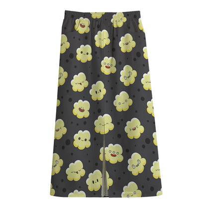 Cute Popcorn Pattern Print Cotton Front Slit Maxi Skirt