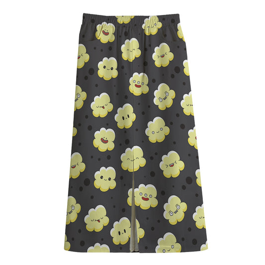 Cute Popcorn Pattern Print Cotton Front Slit Maxi Skirt