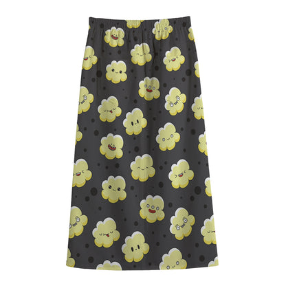 Cute Popcorn Pattern Print Cotton Front Slit Maxi Skirt