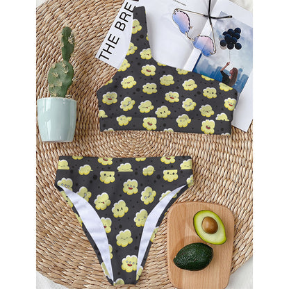 Cute Popcorn Pattern Print One Shoulder Bikini Top