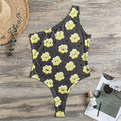Cute Popcorn Pattern Print One Shoulder Bodysuit