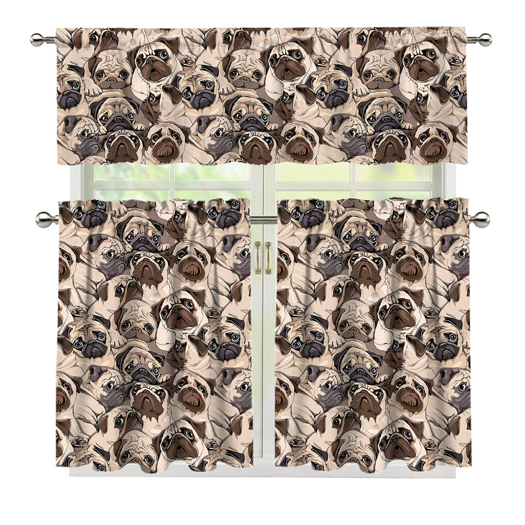 Cute Pug Pattern Print 3 Piece Kitchen Curtains