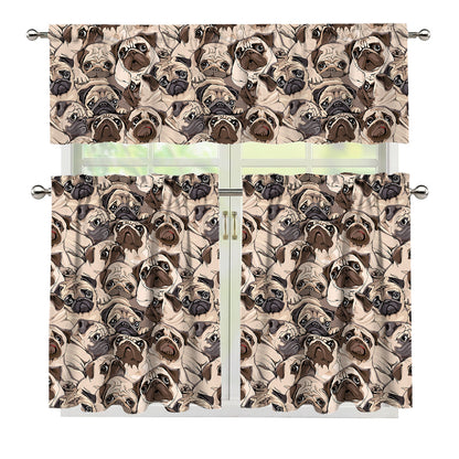 Cute Pug Pattern Print 3 Piece Kitchen Curtains