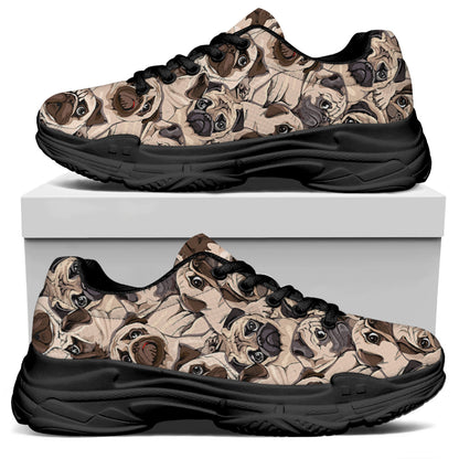 Cute Pug Pattern Print Black Chunky Shoes