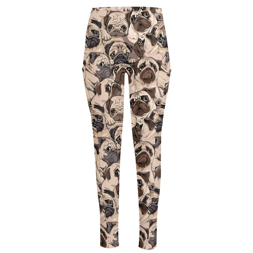 Cute Pug Pattern Print High-Waisted Pocket Leggings
