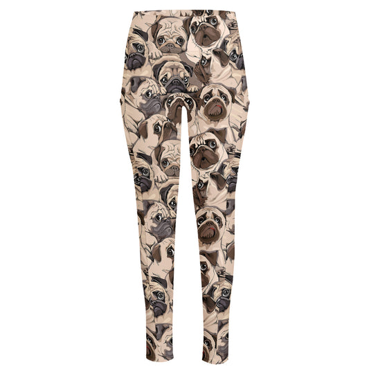 Cute Pug Pattern Print High-Waisted Pocket Leggings