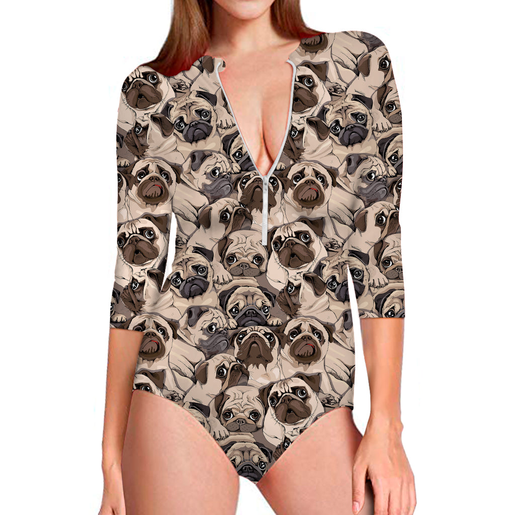 Cute Pug Pattern Print Long Sleeve Swimsuit