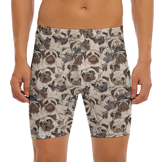 Cute Pug Pattern Print Men's Long Boxer Briefs