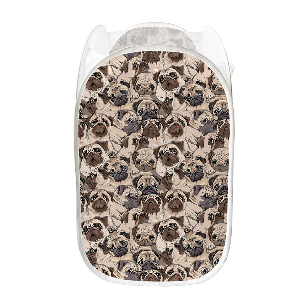Cute Pug Pattern Print Mesh Laundry Hamper