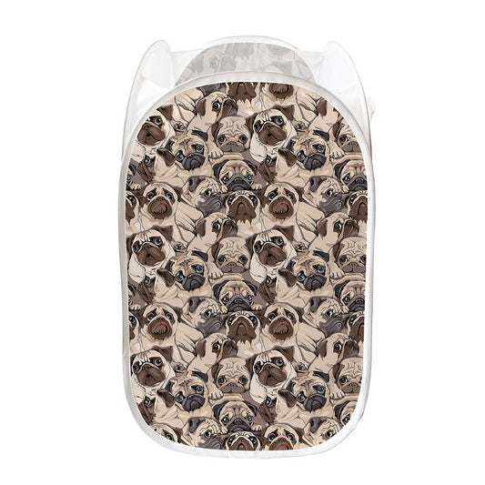 Cute Pug Pattern Print Mesh Laundry Hamper