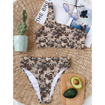 Cute Pug Pattern Print One Shoulder Bikini Top