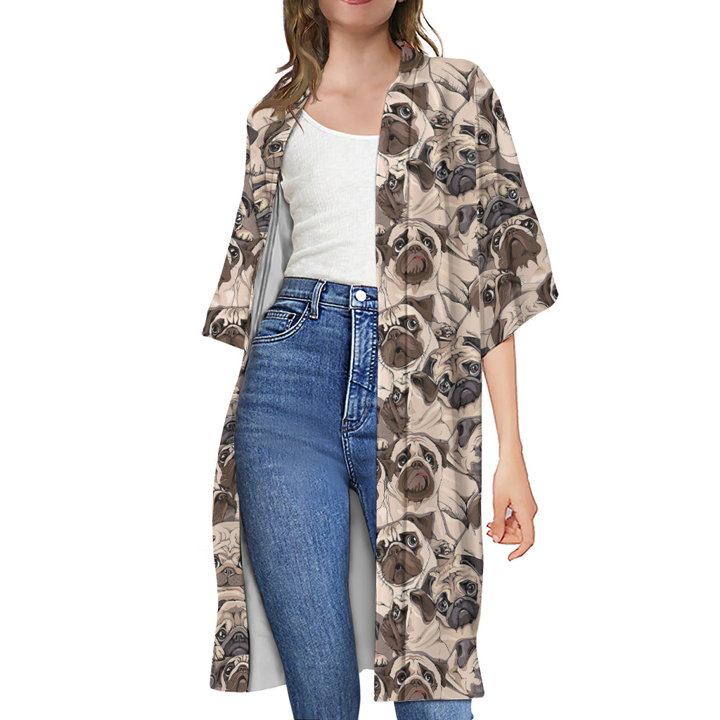 Cute Pug Pattern Print Open Front Beach Cover Up