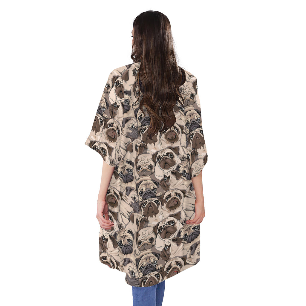 Cute Pug Pattern Print Open Front Beach Cover Up