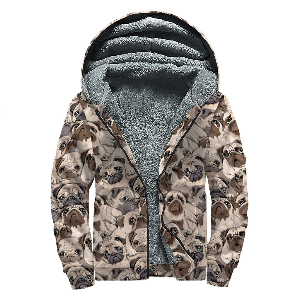 Cute Pug Pattern Print Sherpa Lined Zip Up Hoodie