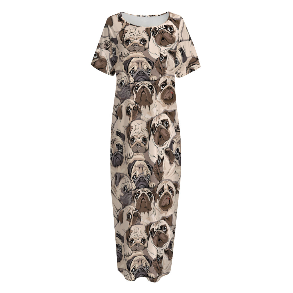 Cute Pug Pattern Print Short Sleeve Long Nightdress