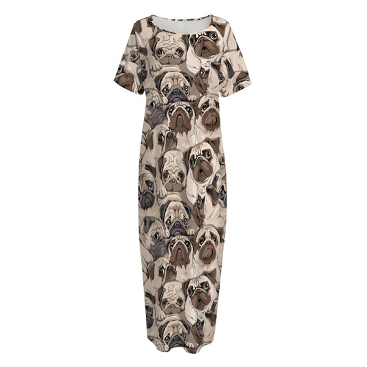 Cute Pug Pattern Print Short Sleeve Long Nightdress