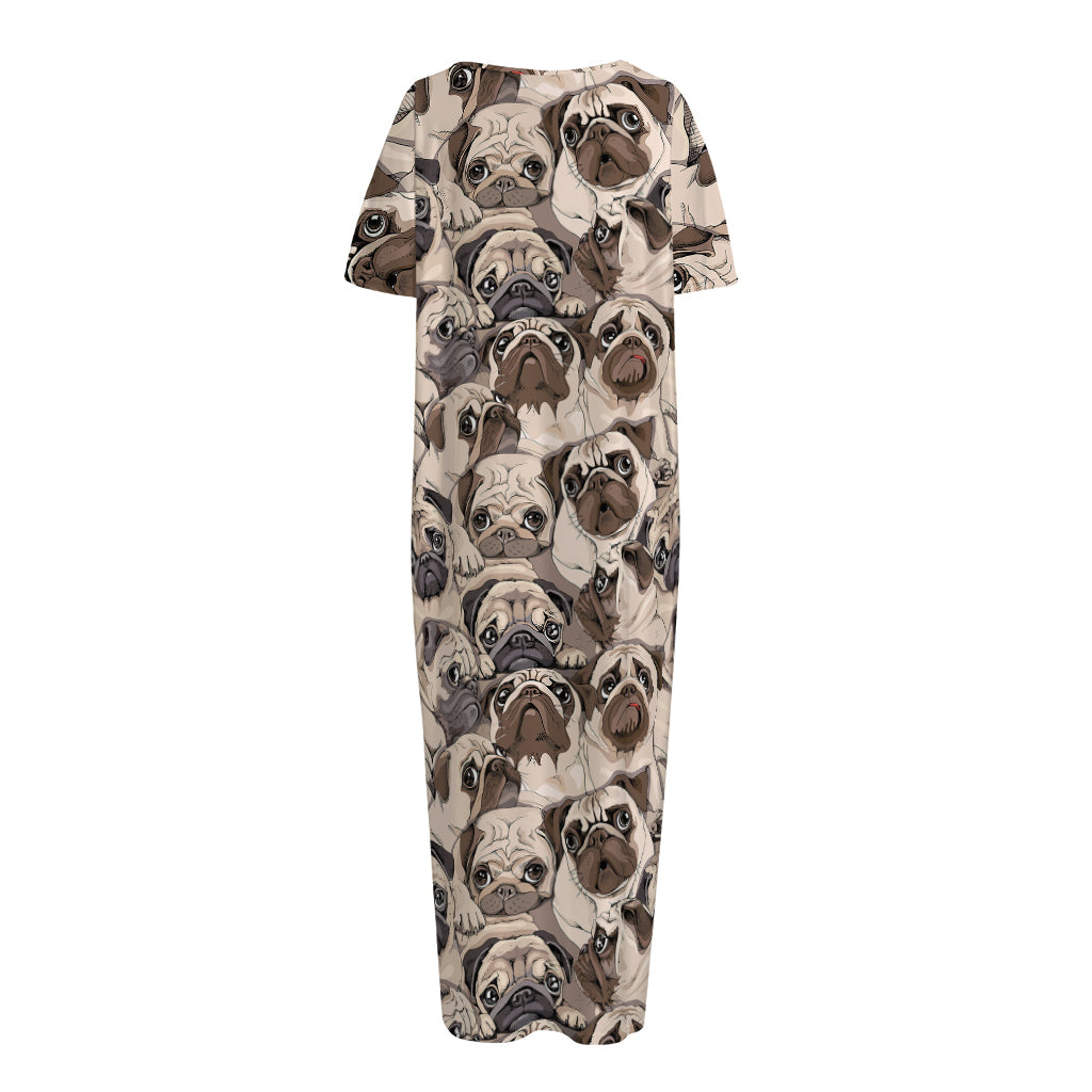 Cute Pug Pattern Print Short Sleeve Long Nightdress