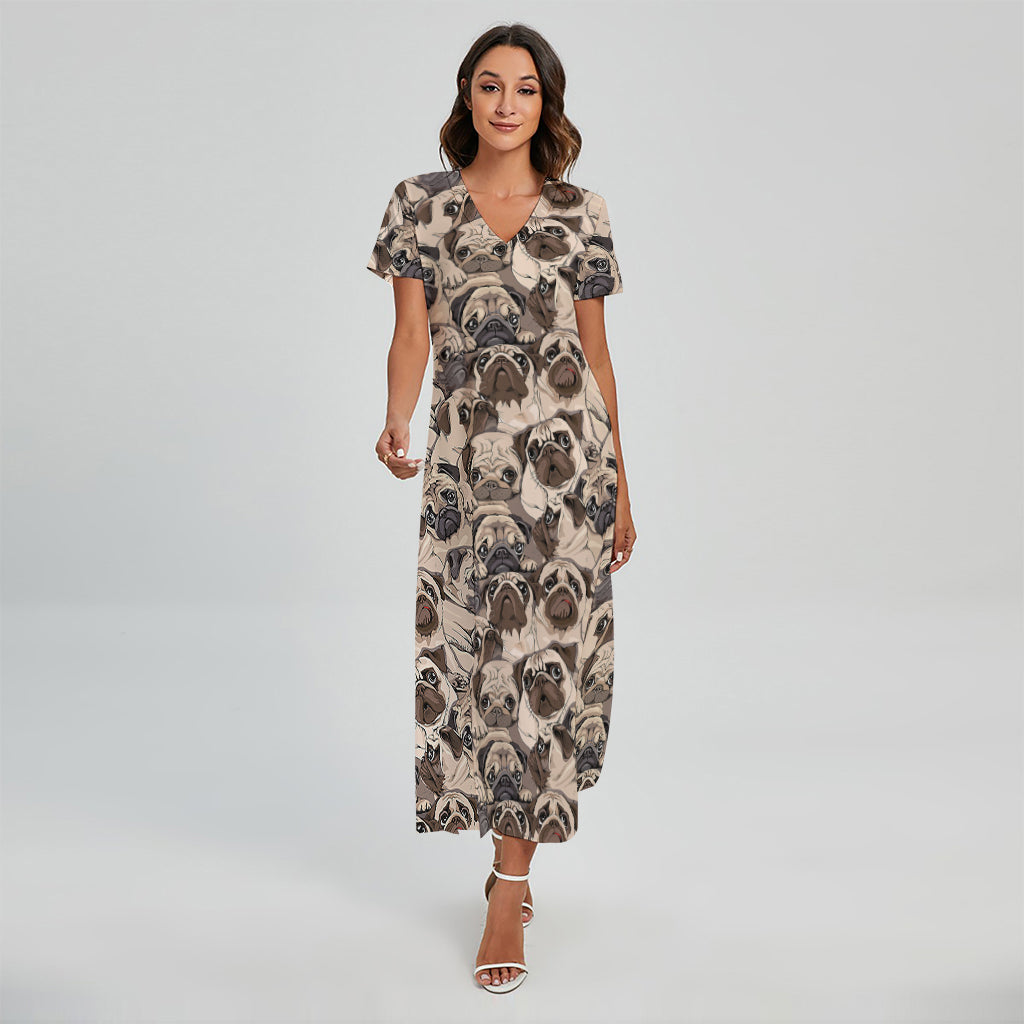 Cute Pug Pattern Print Short Sleeve Maxi Dress